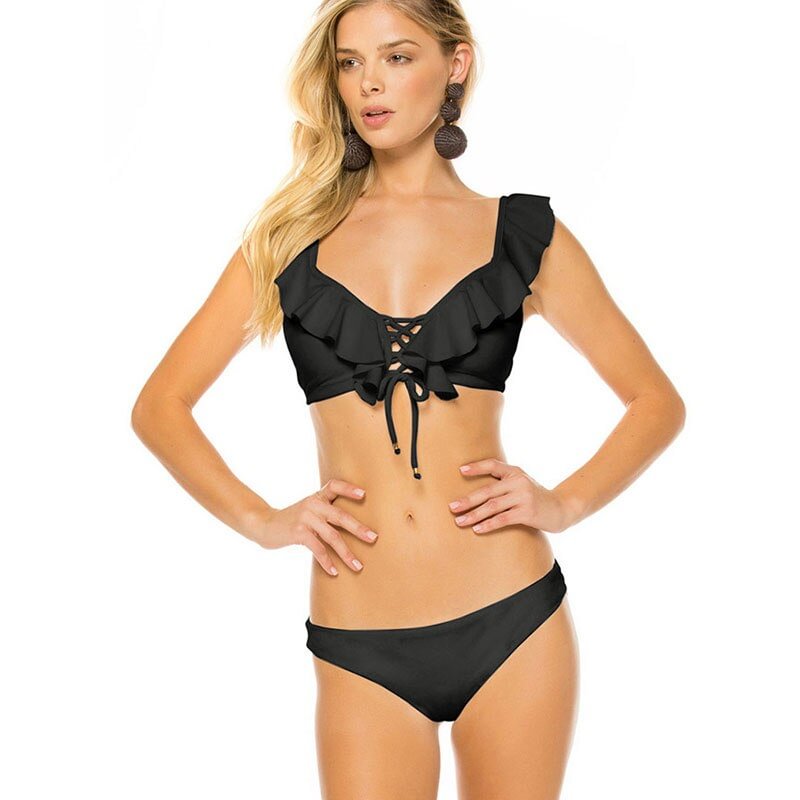 2019 New Bandage Bikini Set Ruffles Swimwear Push Up Padded Women Bathing Suit Black White Summer Beach Wear S M L  Bikinis