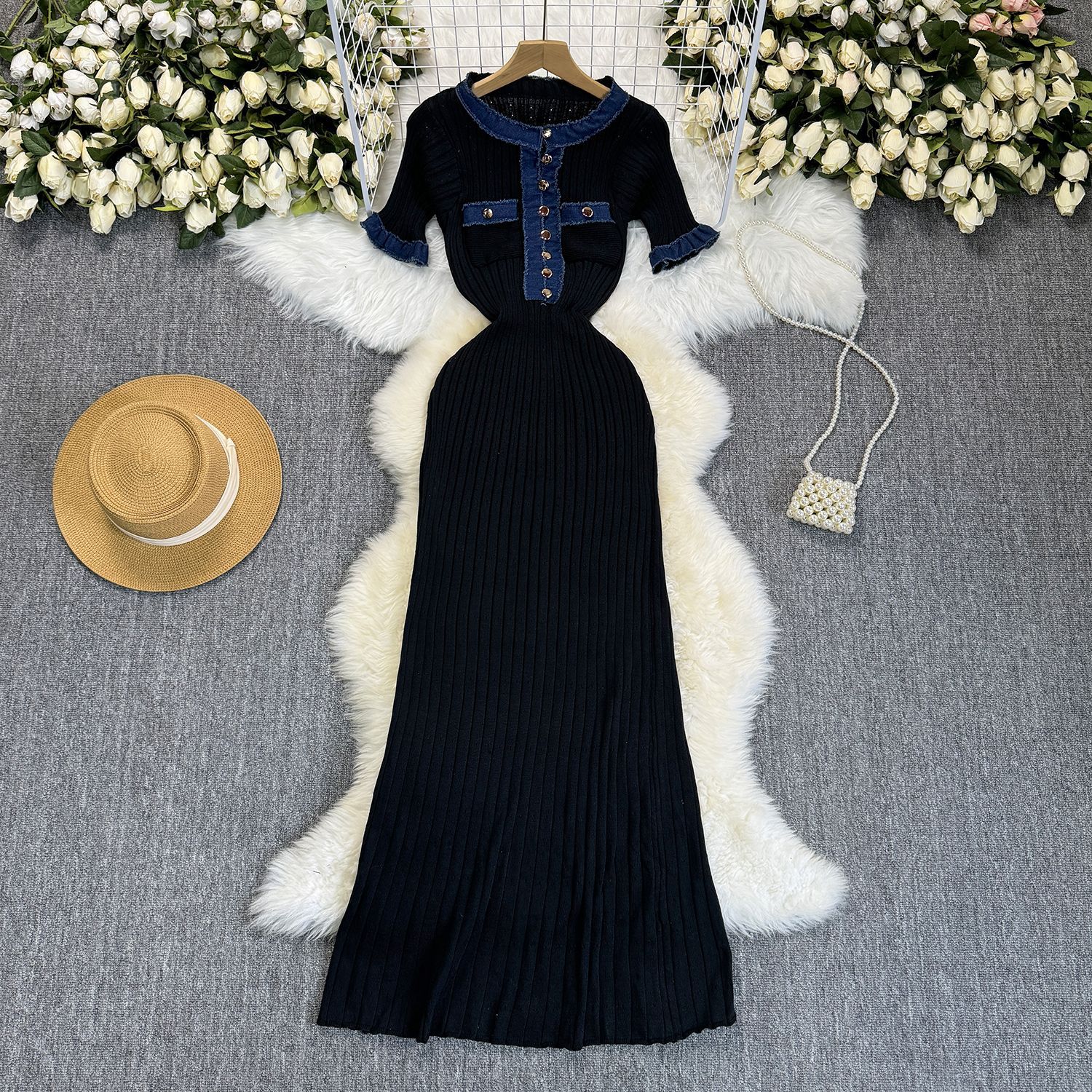 Kanonion Long Dress Women Dresses Knitted Bodycon Vestidos Streetwear Round Neck High Waist Elegant Button Y2k Party Club Slim Fit White