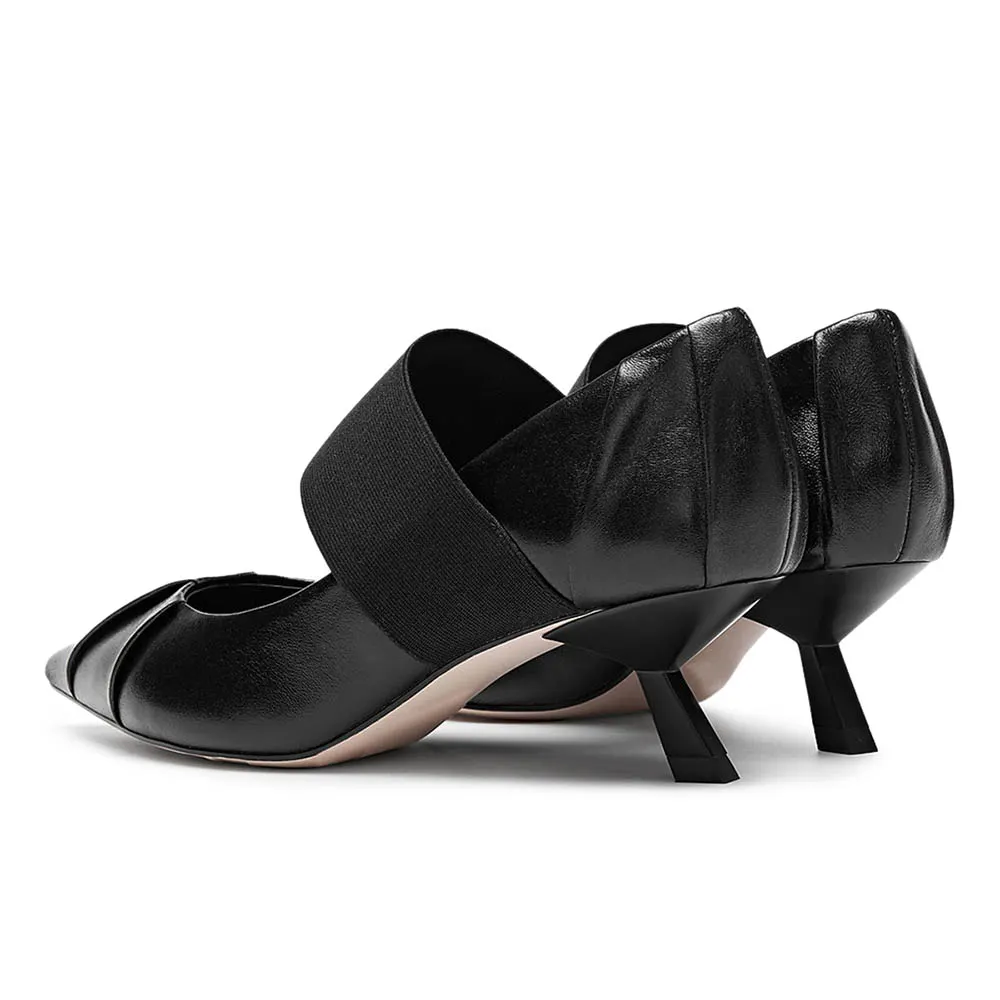 Black Elastic Band Pointed Toe Pleated Pumps Shoes with Kitten Heels