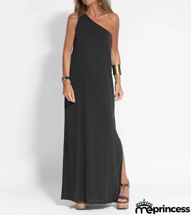 Women Casual Fashion Summer Vacation Slanted Shoulder Solid Color Loose Maxi Dress