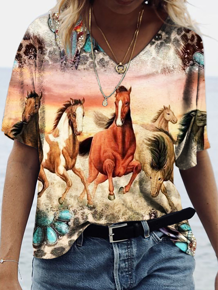 Turquoise And Horses Pattern V Neck Comfy T Shirt wearshes