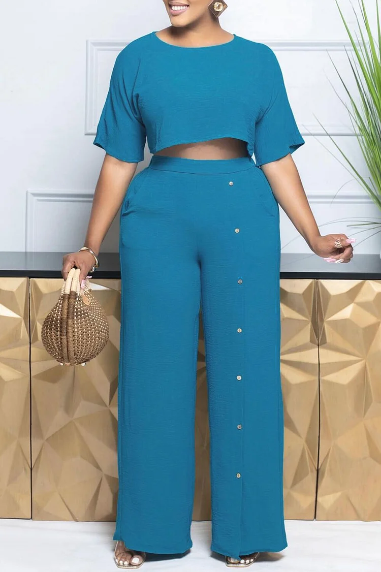 Half Sleeve Crop Top Solid Color Button Up Wide Leg Pants 2pcs Set-Blue