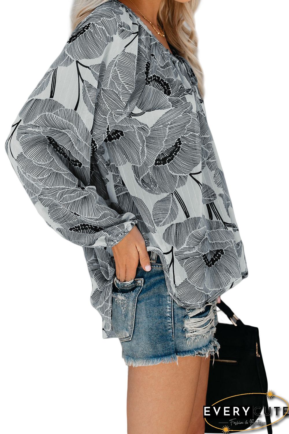 White Floral Print Peasant Blouse