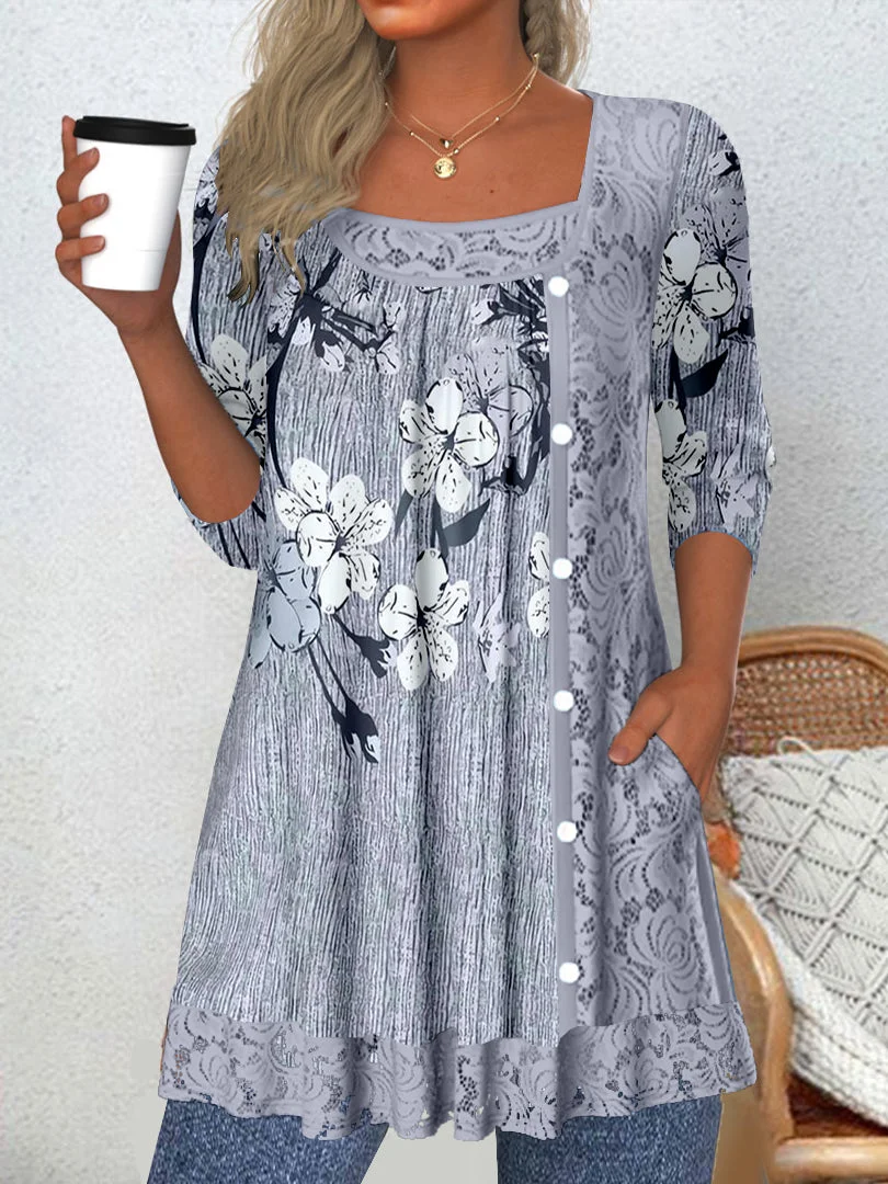Women's Long Sleeve Scoop Neck Graphic Lace Tops