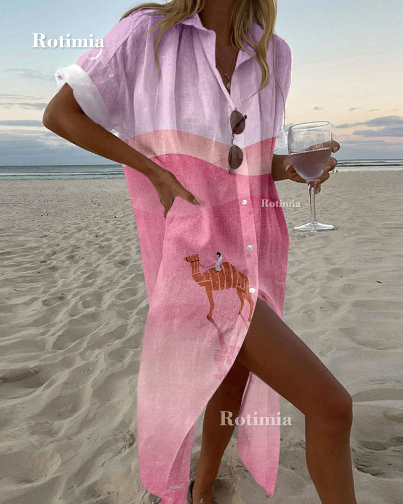 Desert Camel Printed Shirt Dress