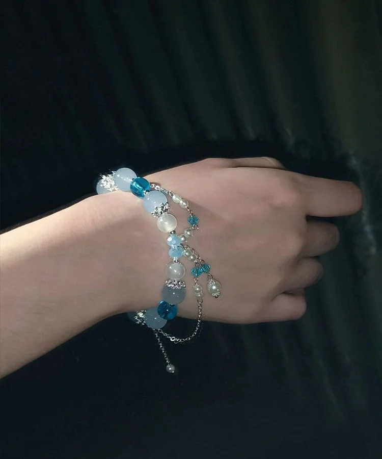 Boho Blue Sterling Silver Pearl Tassel Charm Bracelet