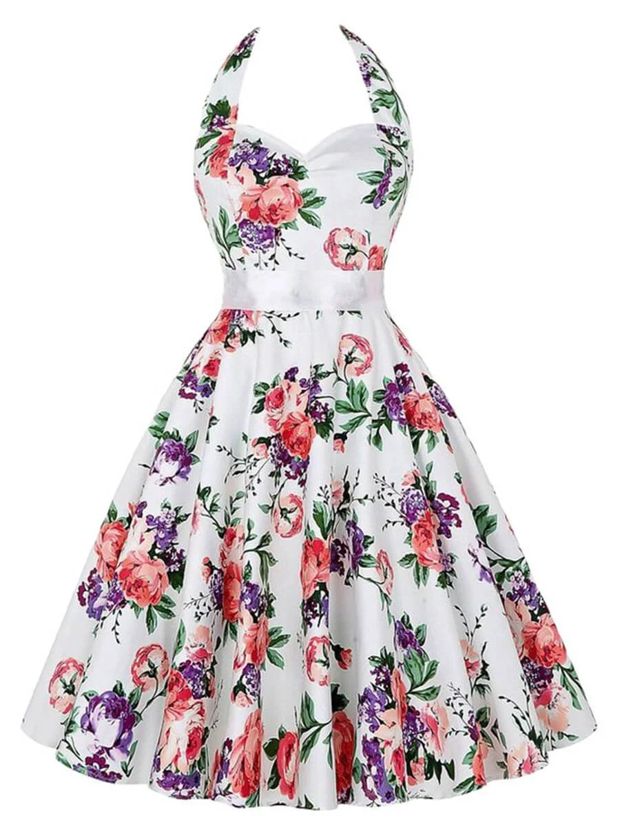 Vintage 50s Swing Dress Sleeveless A-Line Halter Knee-Length Dress