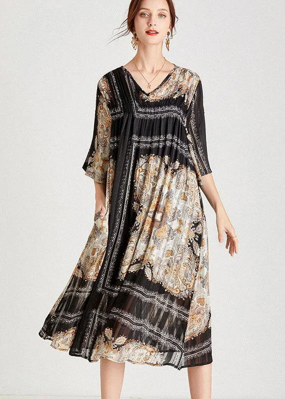 Classy Black Apricot V Neck Print Fall Chiffon Party Dresses Half Sleeve