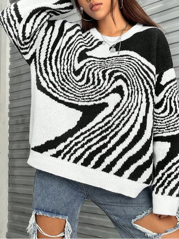 Nigikala Nigikala Vintage Ripple Round Collar Collar Sweater Fashion Design Lazy Knitted Shirt