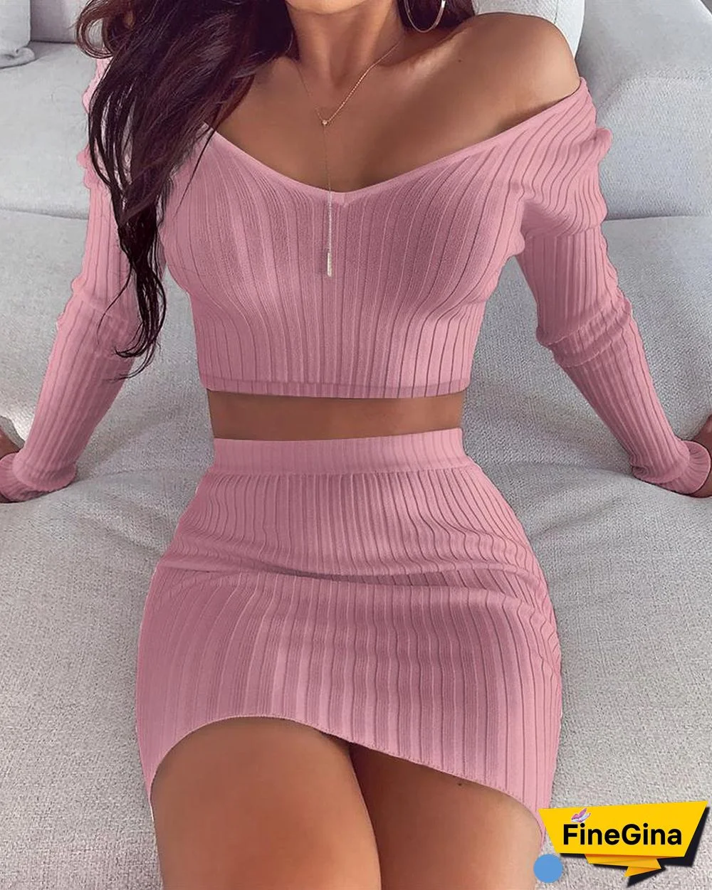 Solid Ribbed Crop Top & Skirt Sets