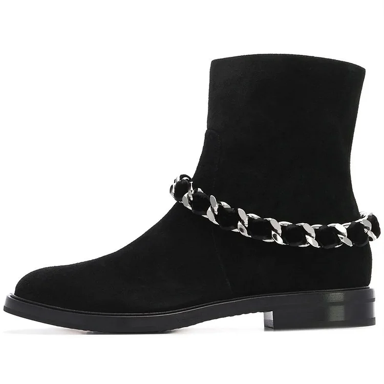 Women's Black Casual Suede Flats Ankle Boots with Chain |FSJ Shoes