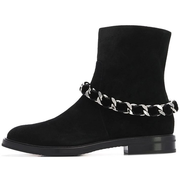 Women's Black Casual Suede Flats Ankle Booties with Chain |FSJ Shoes