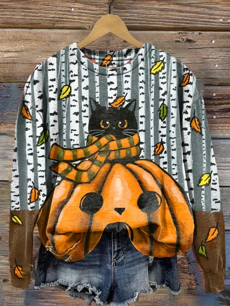 Women's Autumn Halloween Cat Pumpkin Round Neck Loose Long Sleeve T-Shirt Sweatshirt