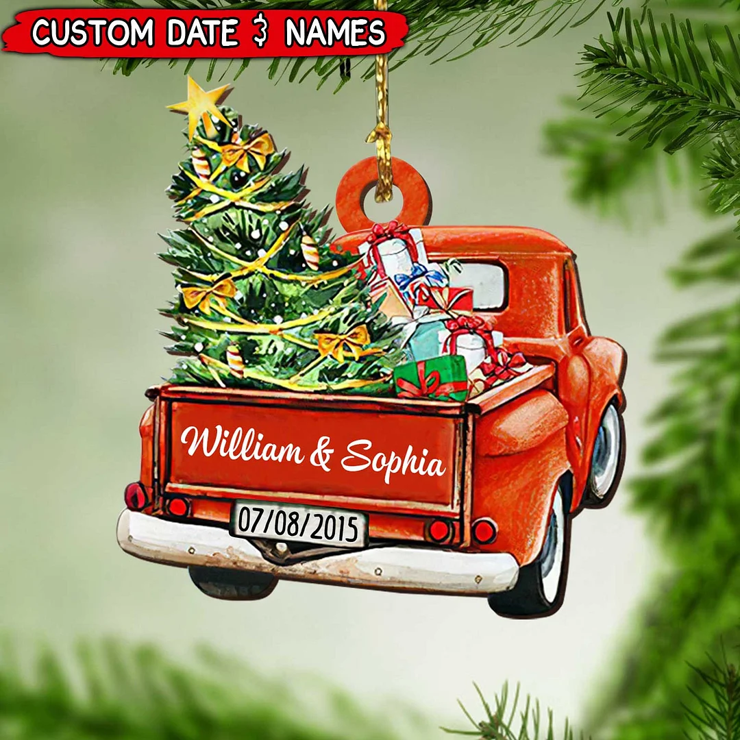 Christmas Couple Red Truck, Happy Anniversary Gift Personalized Wooden Ornament