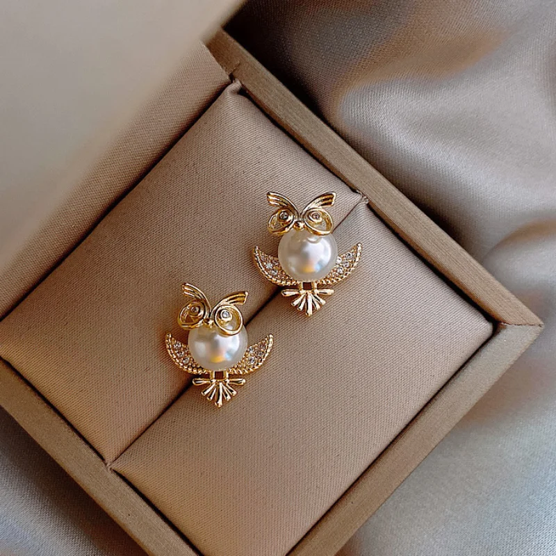 Owl Pearl Stud Earrings