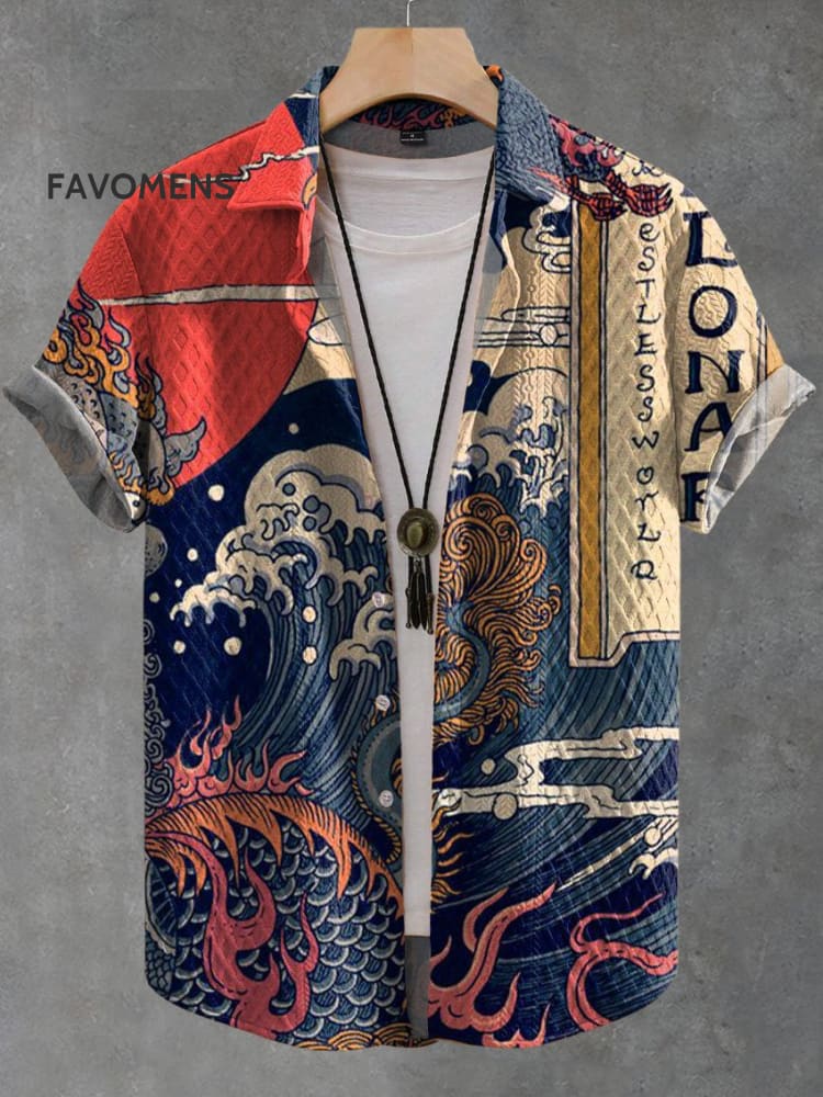 Vintage Japanese Art Ukiyoe Wave Painting Print Casual Jacquard Shirt Multicolor / S