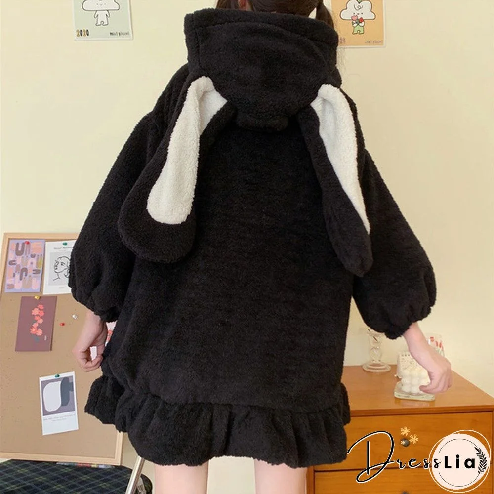 New Women Kawaii Zipper Hooded Coat Rabbit Ears Cute Sweet Girls Harajuku Style Warm Jacket