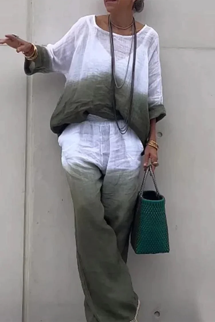 Plus Size Casual Army Green Cotton And Linen Ombre Print Long Sleeve Two Piece Pant Set 2024 - Flycurvy 
