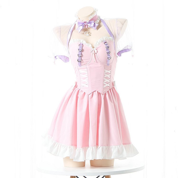 Cosplay Lace Up Lolita Maid Dress Set - Modakawa Modakawa