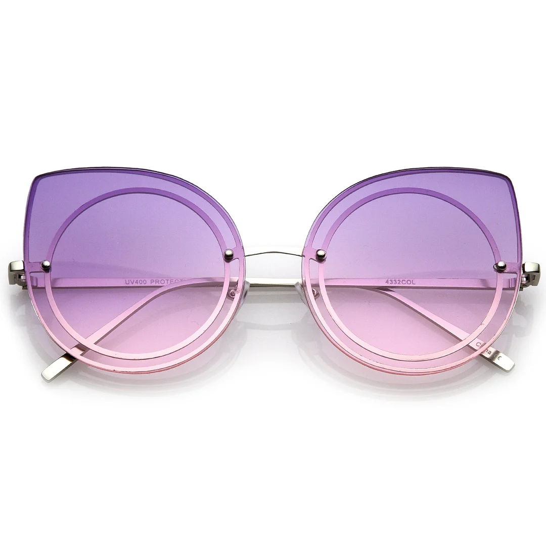 Women's Oversize Rimless Colored Gradient Flat Lens Cat Eye glasses 63mm