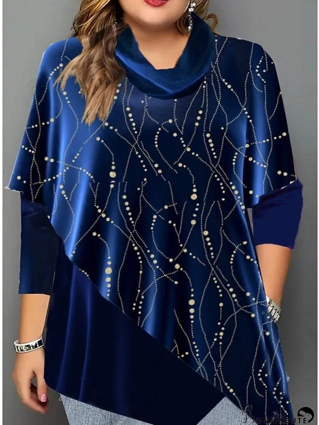 Blouse Blue Graphic Ruched Print Length Sleeve Vacation Going out Elegant Holiday Crew