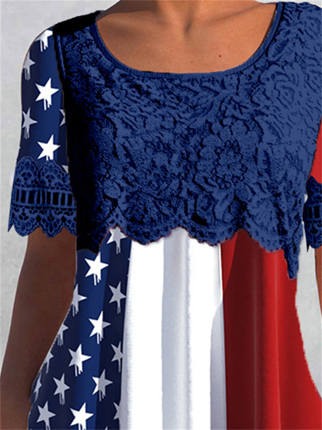 Women's Short Sleeve Scoop Neck Lace Stitching Graphic Top