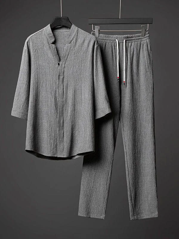 Men's Plain Linen Casual Top Drawstring Pants Matching Set