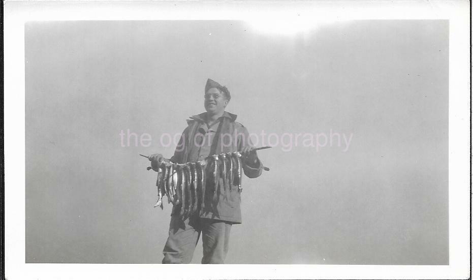 Vintage FOUND FISHING Photo Poster painting bw FISH GUY Original Snapshot JD 19 39 Z3