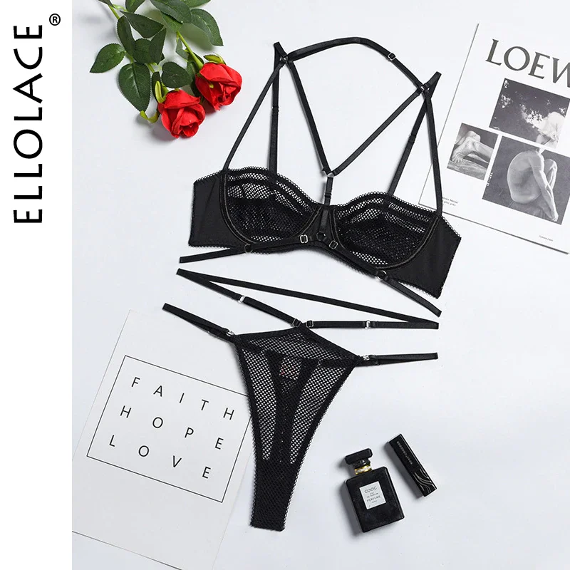 Billionm Ellolace Sexy Sensual Lingerie Mesh Transparent Bra Set Woman 2 Pieces Halter Intimate Erotic Underwear Outfits Breves Sets