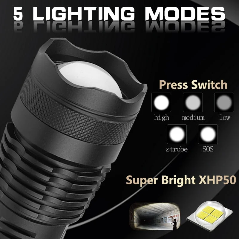 Drop Shipping xhp50.2 most powerful flashlight 5 Modes usb Zoom led torch xhp50 18650 or 26650 battery Best Camping, Outdoor