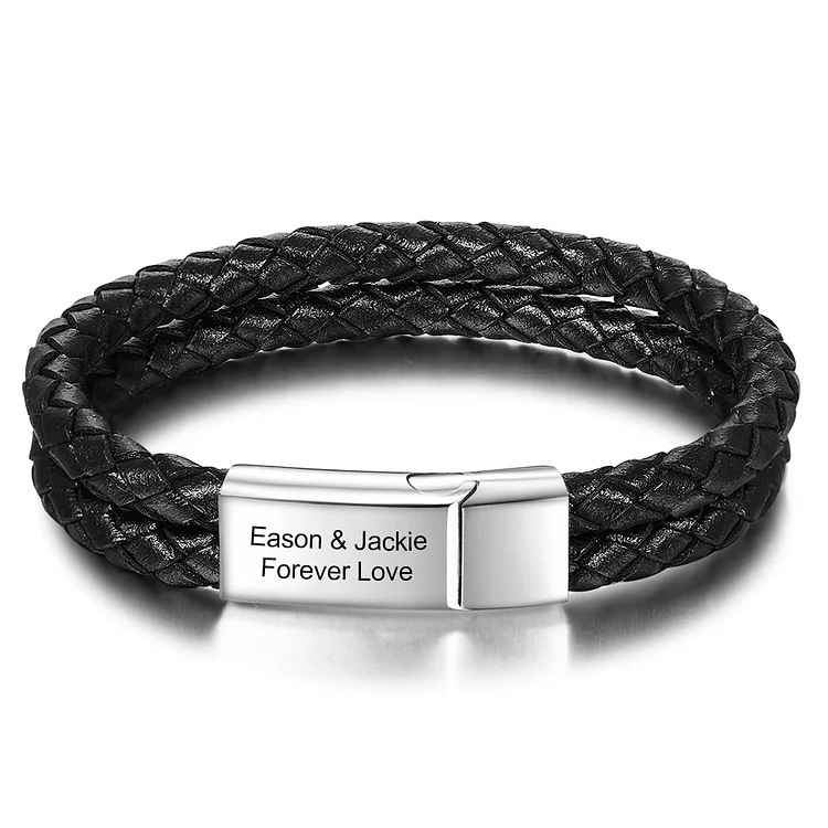 Men Leather Bracelet Engraved Bar Silver and Gold