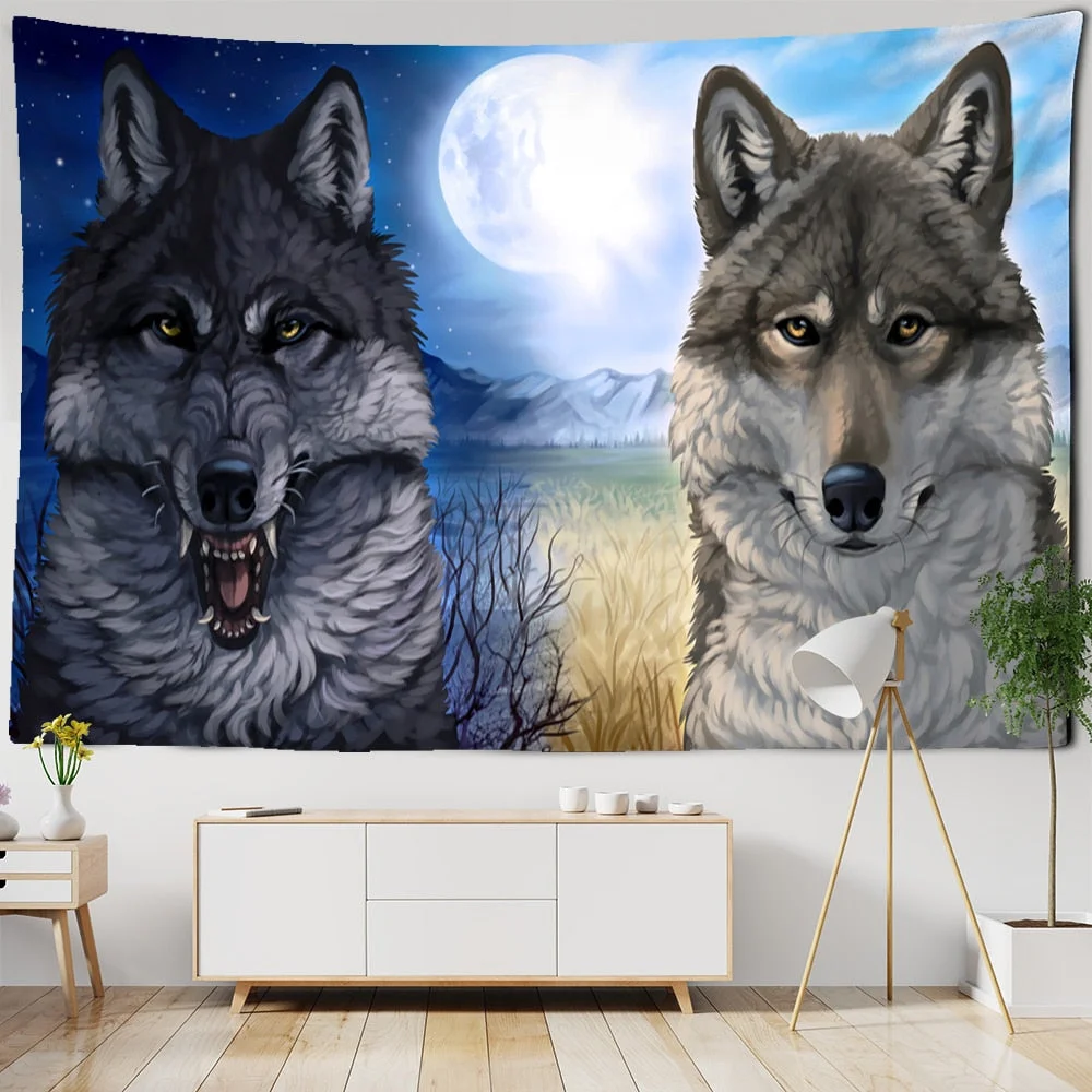 Snow Wolf Tapestry Wall Hanging Psychedelic Witchcraft Bohemian Mysterious Art Landscape Room Home Decor