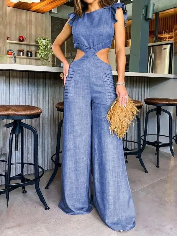 Huiketi New Summer Solid Women Jumpsuit Sleeveless O-neck Naked Waist Wide Leg Long Pant Bodysuit Fashion Fit Casual Streetwear