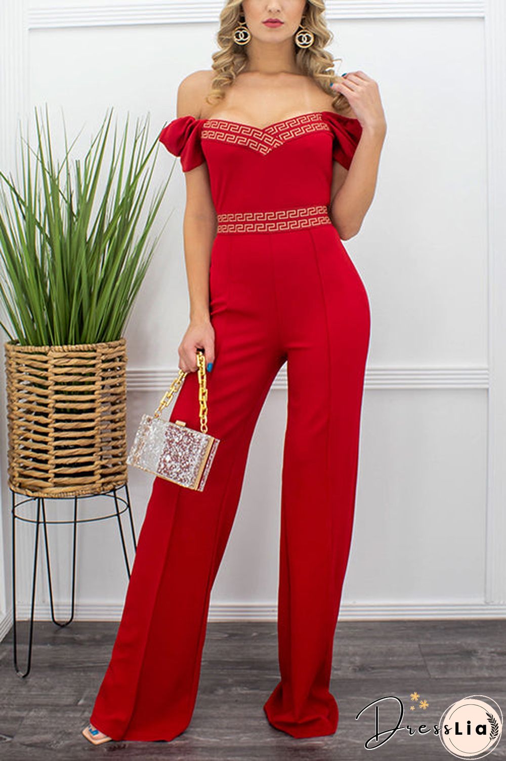 Puff Sleeve Off The Shoulder Solid Jumpsuit