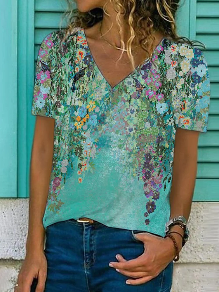 Floral Art Print V Neck Short Sleeve T Shirt