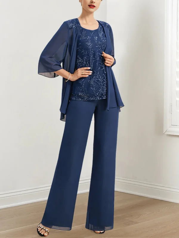 Round Neck Lace Sequin Solid Color Top And Trousers Three-Piece Suit