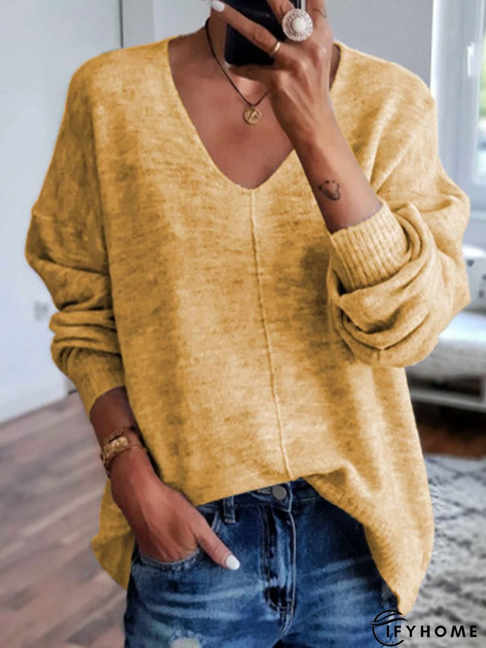 Solid Long Sleeve V-neck Knitted Top | IFYHOME