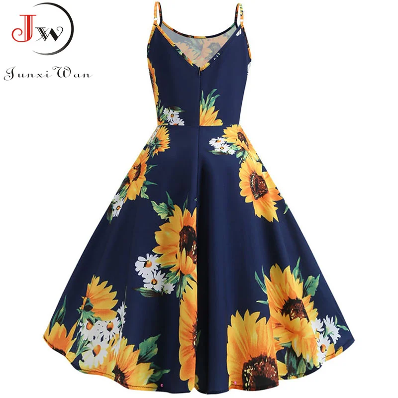 Churchf Sexy Spaghetti Strap Swing Vintage Rockabilly Dresses Floral Summer Beach Dress Women  White Boho Sunflower Midi Dresses-Outfit Ideas