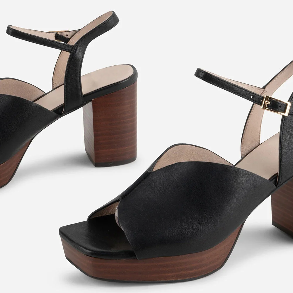 Chunky Heel Square Toe Ankle Strap Buckle Black Platform Sandals