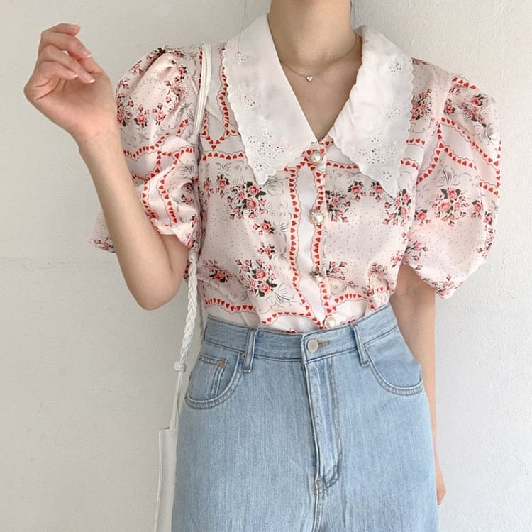 Korean Vintage Print Shirt Women Summer Puff Sleeve Floral Blouse Women 2022 Fashion Embroidery Blouses Tops Blusas Mujer 15343