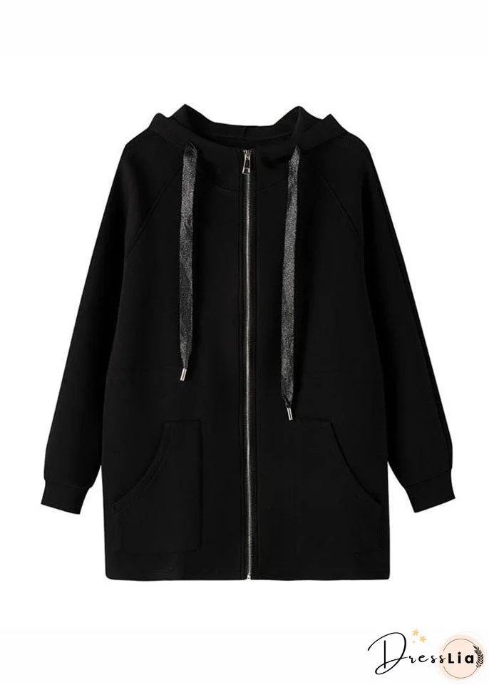 Plus Size Black Drawstring Zippered Hooded Coat Fall