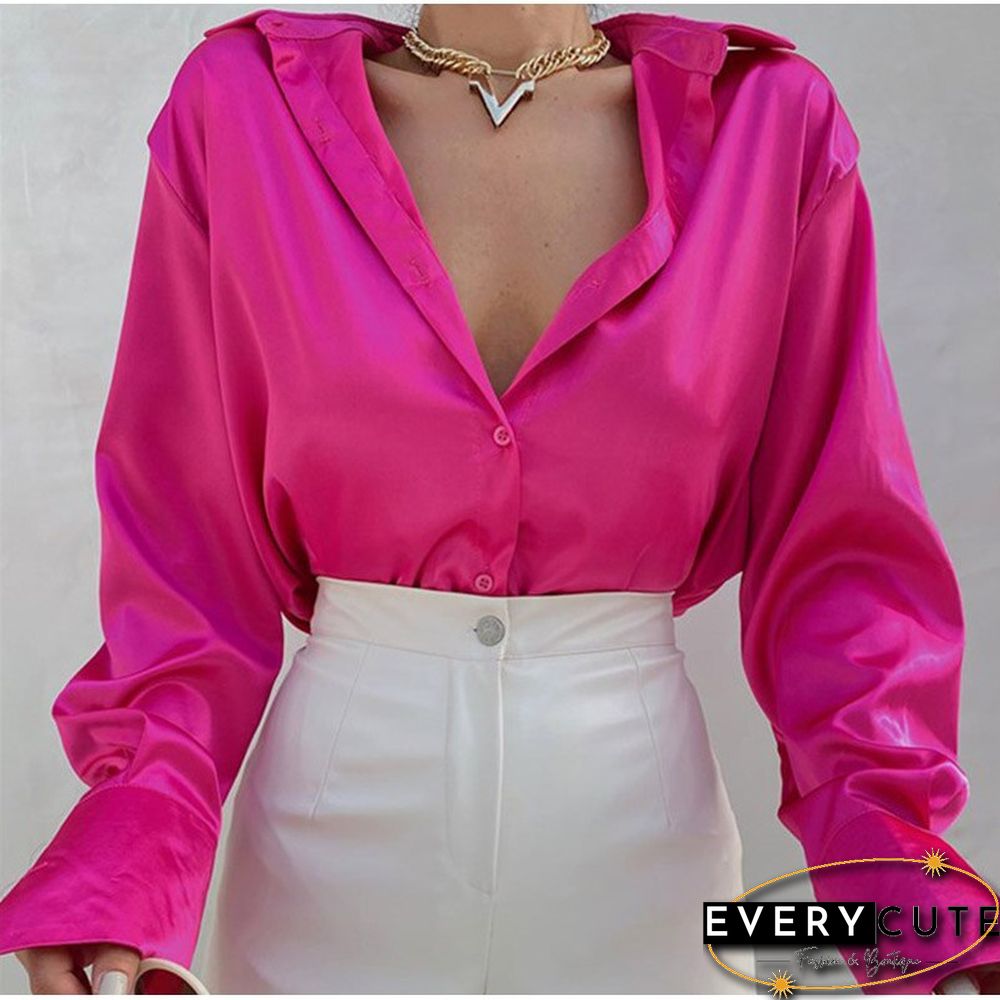 Women Elegant Satin Solid Long Sleeve Blouses Female Spring Vintage Loose Straight Buttons