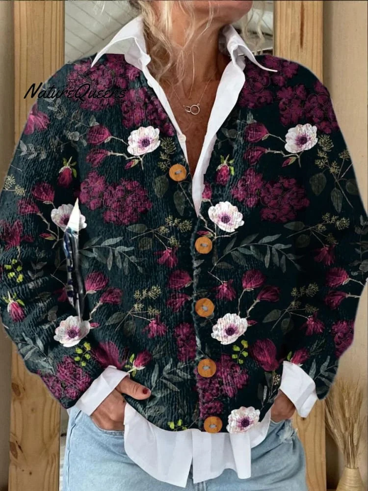 Floral Art Print Buttoned Cardigan Sweater