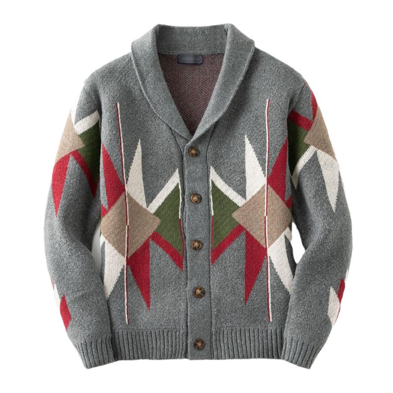 Men's Retro Jacquard Lapel Thick Single Breasted Knitted Cardigan 00927874M