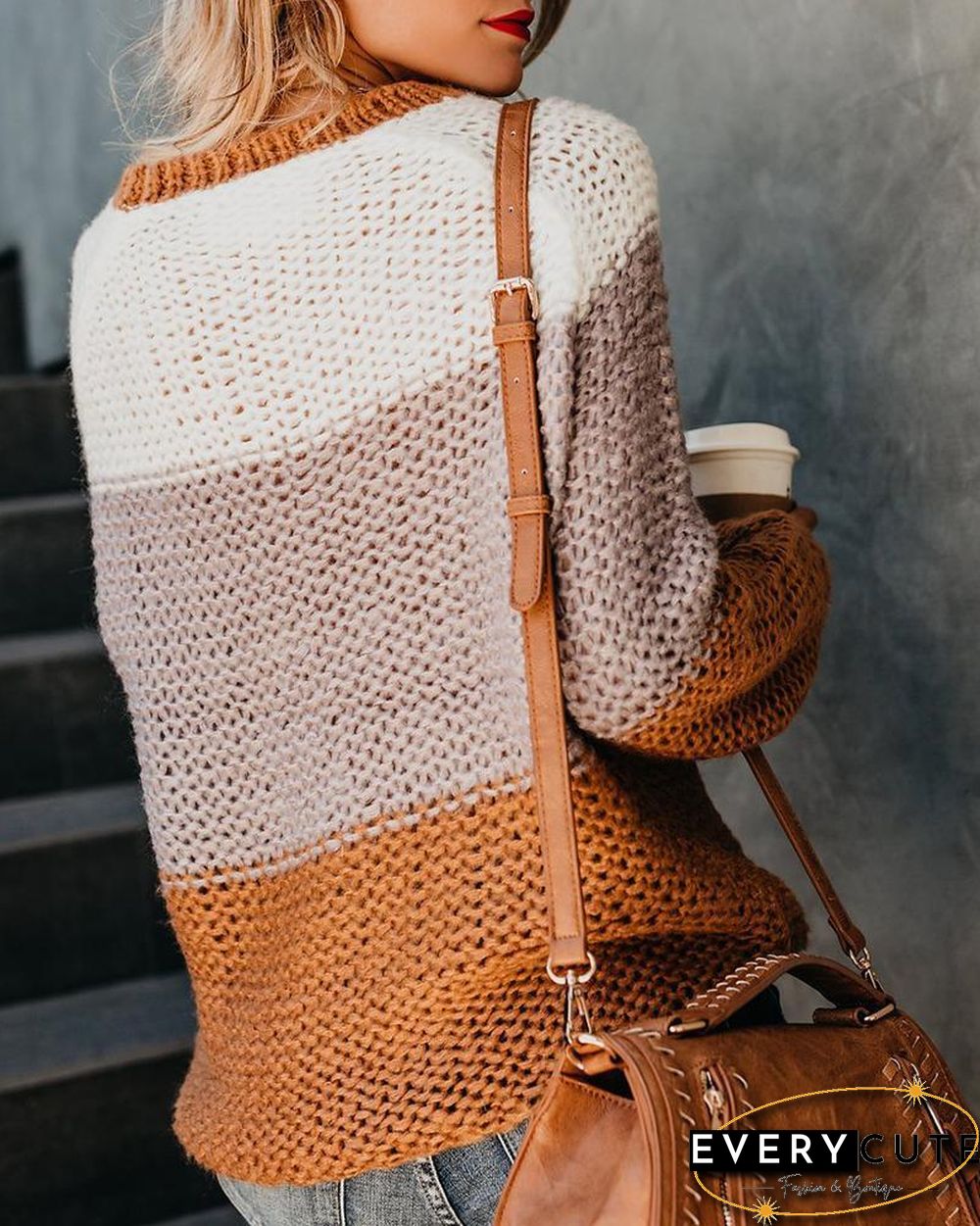 Colorblock Insert Knitted Casual Sweater P10946