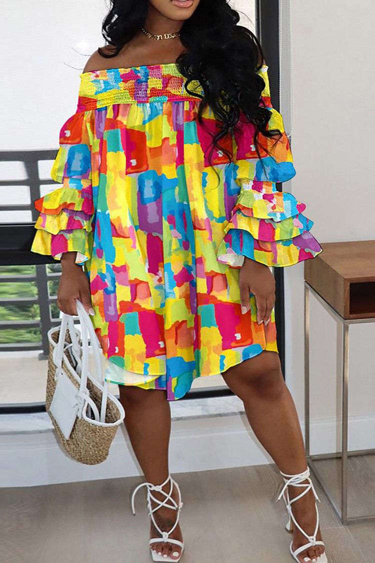 Xpluswear Plus Size Yellow Daily Pattern Print Ruffles Off The Shoulder Midi Dresses [Pre-Order]