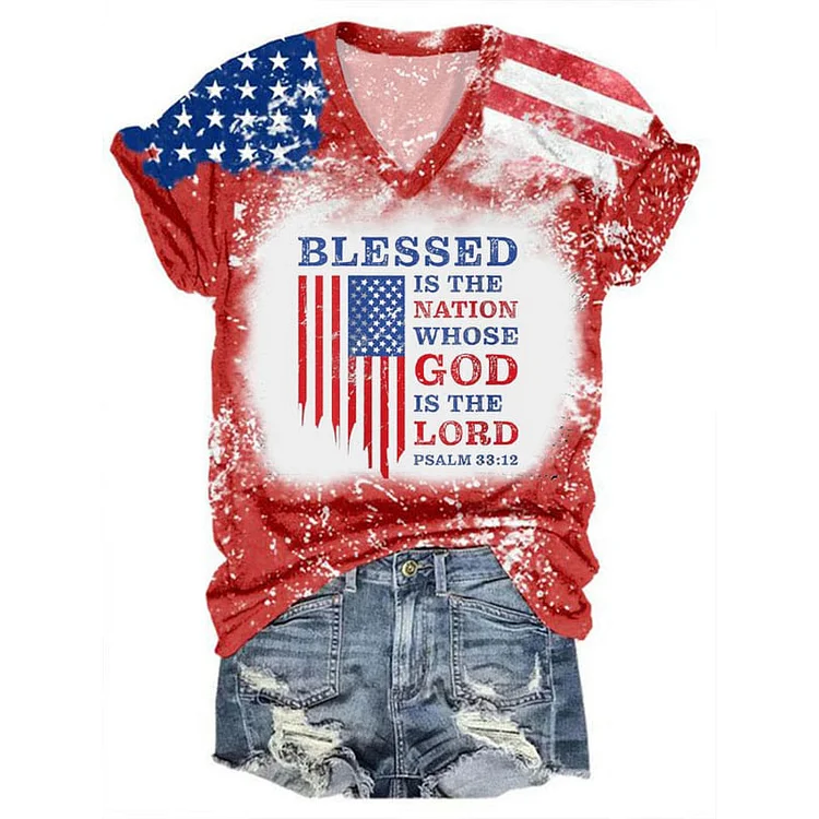 Comstylish Women's Blessed Nation Psalm 33:22 4th Of July Print V-Neck T-Shirt