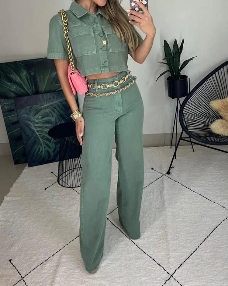 Lapel Short Sleeve Top Pants Two-Piece Suit Without Waist Chain