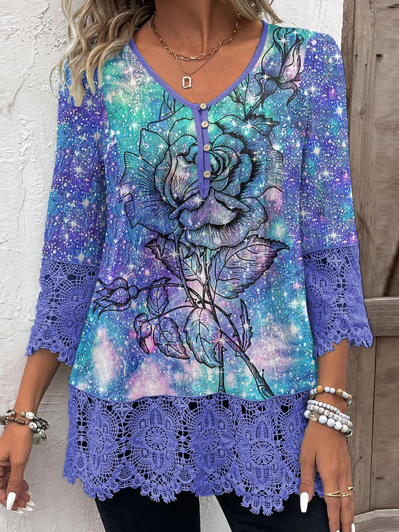 Women 3/4 Sleeve V-neck Floral Printed Graphic Button Lace Tops
