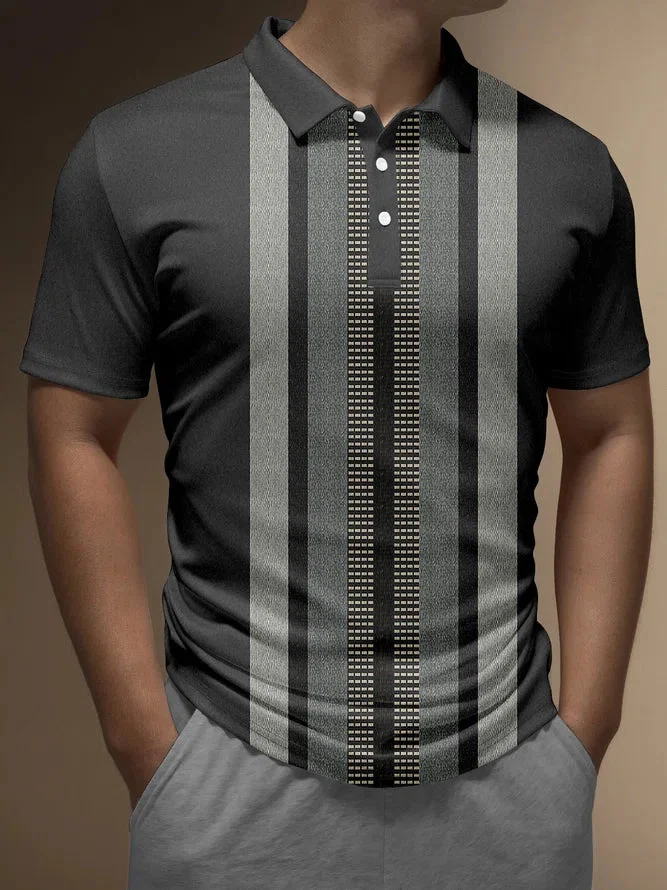 Black Abstract Color Blocks Striped Printing Short Sleeve Polo BestDVibe